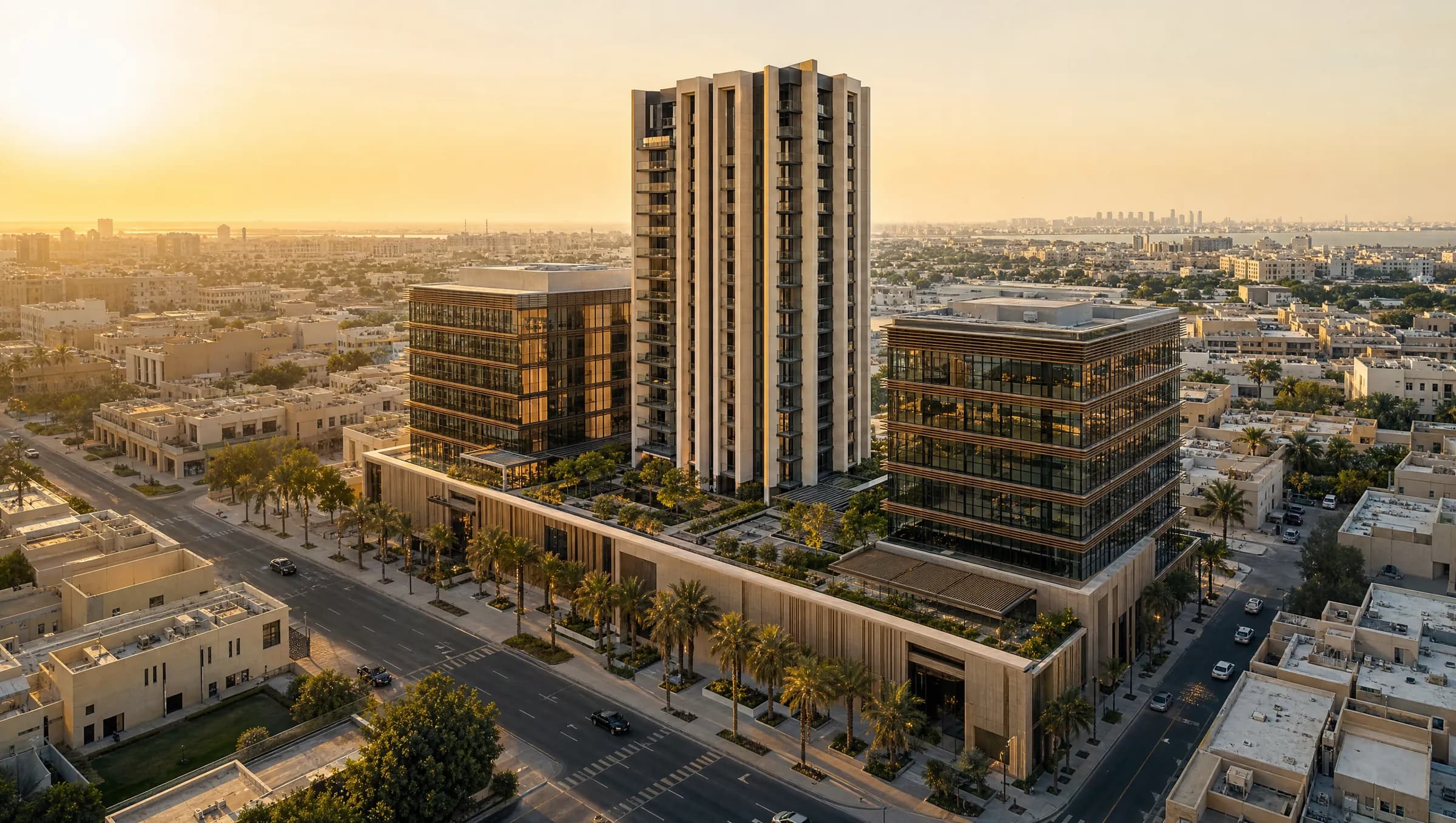 The same plot with a finished scheme: a residential tower between two office blocks on a landscaped podium.