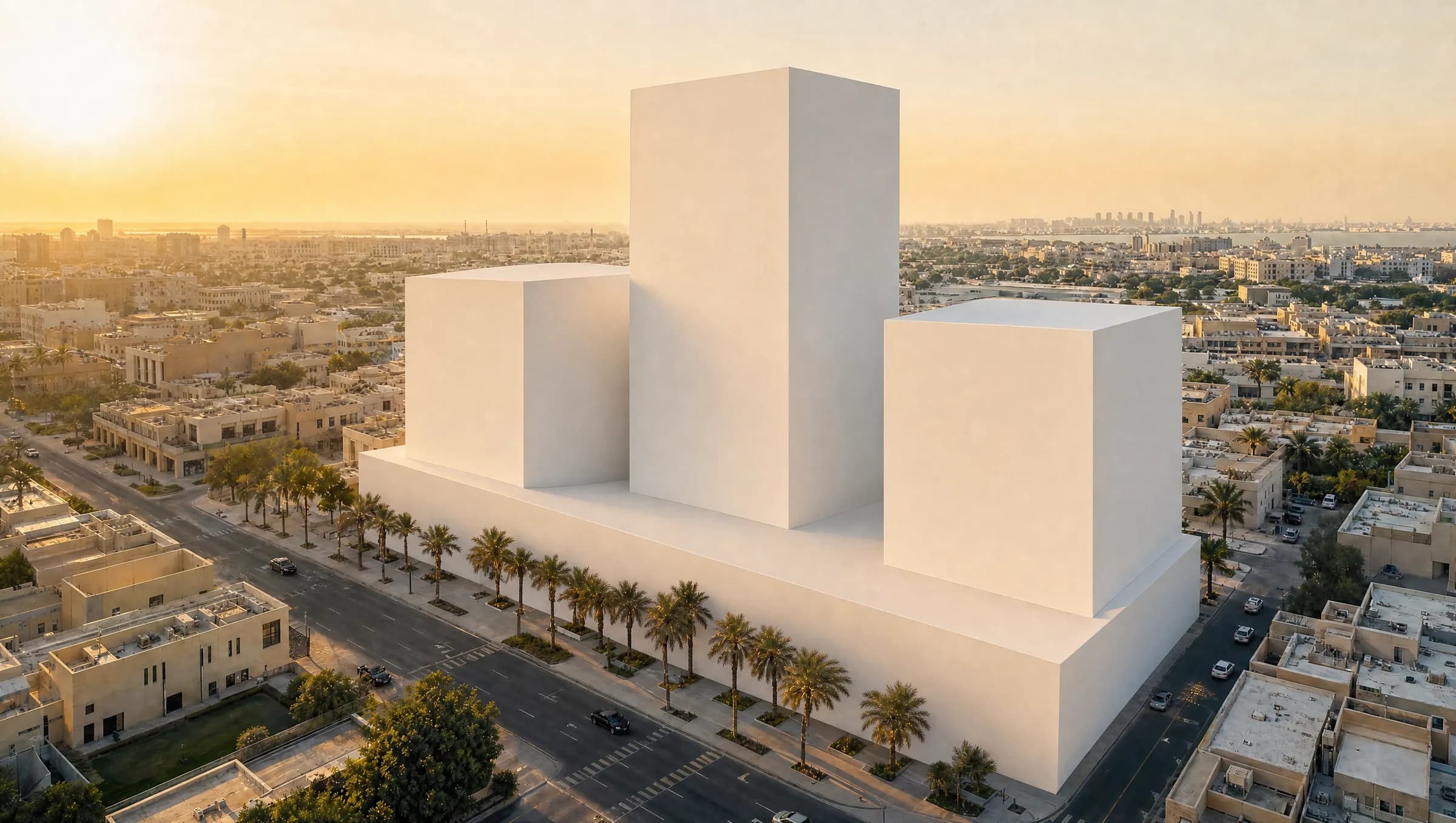 The plot with a white conceptual massing: a podium carrying three blocks of different heights.