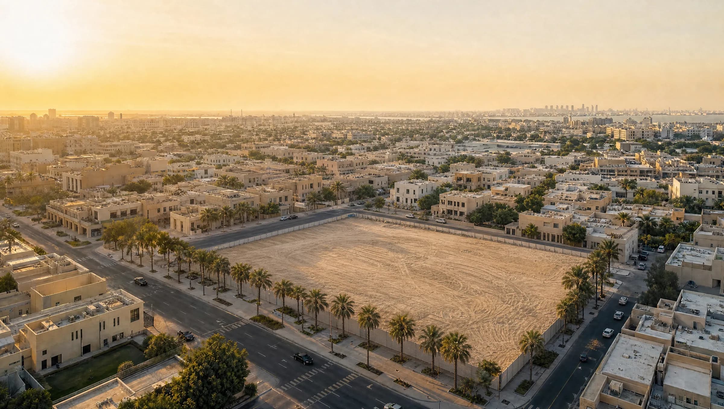 Aerial view of an empty, fenced plot at golden hour, lined with palm trees and surrounded by low-rise neighbourhoods.