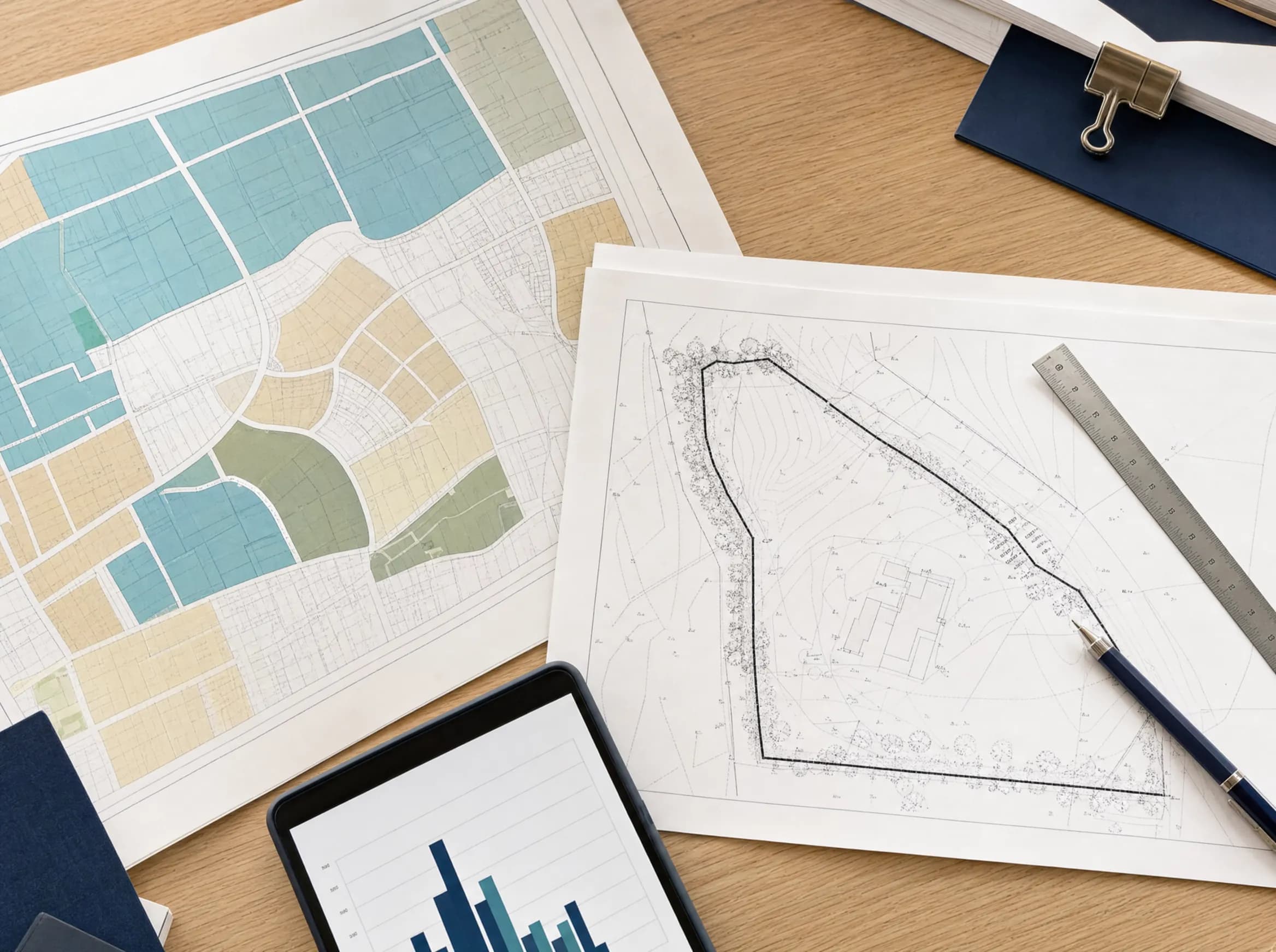A zoning map, a surveyed site plan with its boundary marked, a ruler and a tablet laid out on a desk.