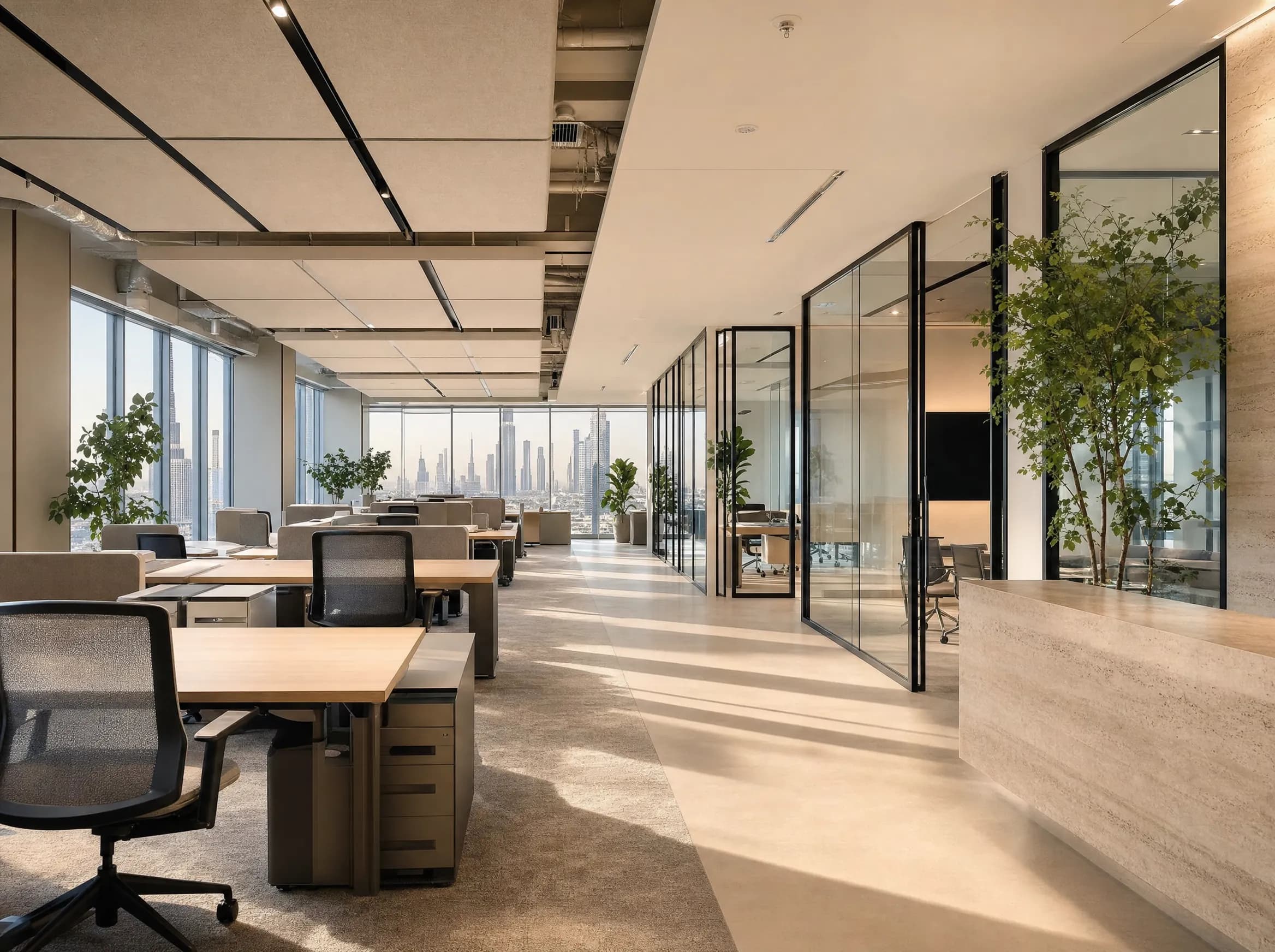 A daylit open-plan office with timber desks, glazed meeting rooms and planting, overlooking a city skyline.