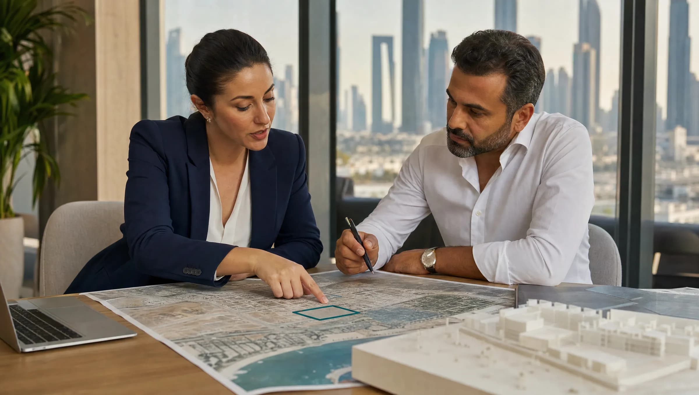 Two colleagues at a table by a window over the city, marking a plot on a printed map beside a white architectural model.