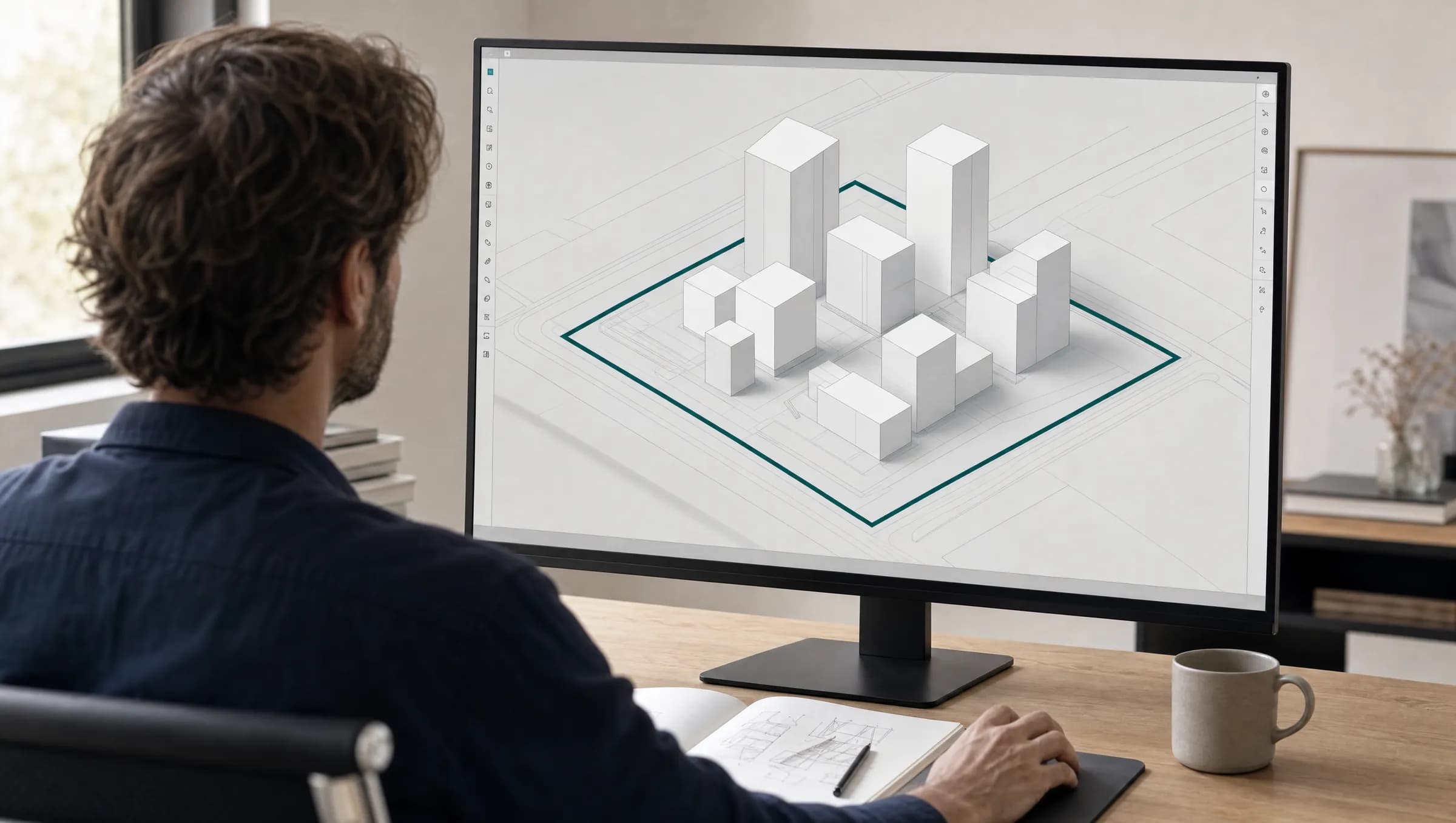 A designer at a monitor showing a white block massing inside a teal site boundary.
